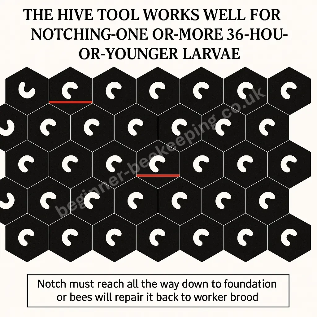 Diagram showing honeycomb cells with larvae and red notching lines for OTS queen rearing